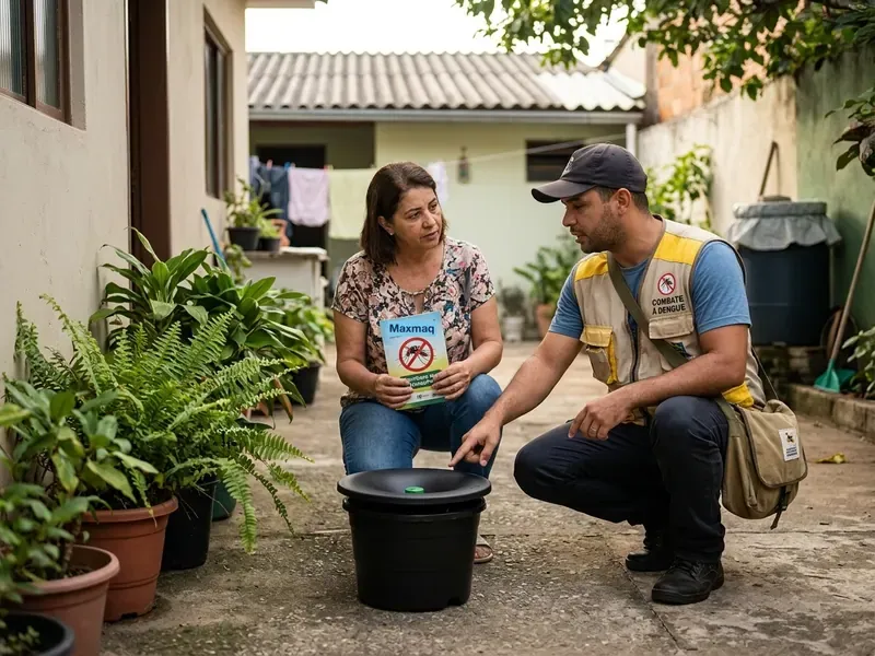 Agente de campo mostra a uma moradora a ovitrampa instalada no quintal da casa