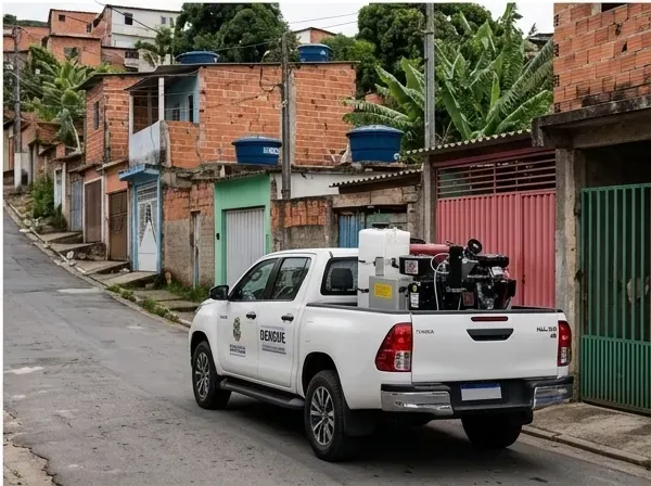 Picape com o UBV numa rua de bairro, durante o bloqueio