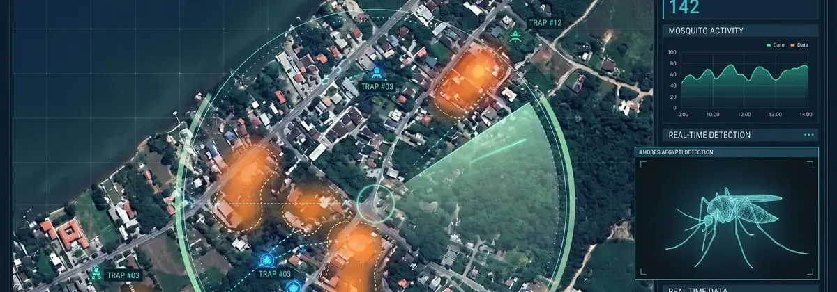 Mapa de monitoramento com focos do mosquito destacados