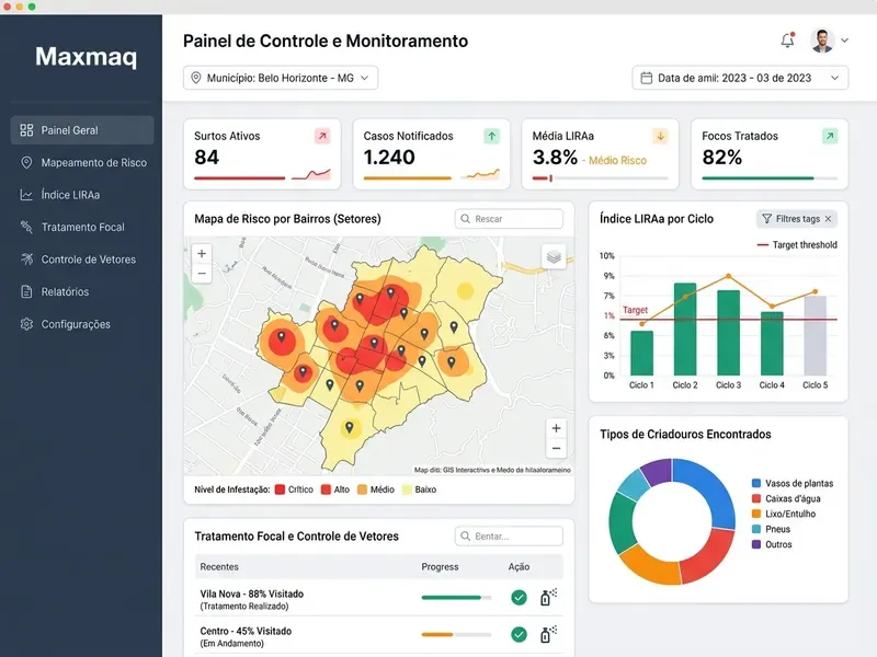 Painel da plataforma de monitoramento com mapa de risco, índices e tratamento focal